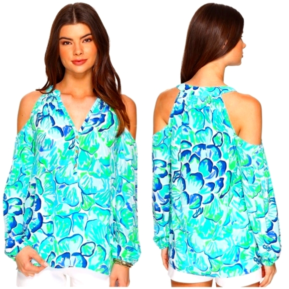 Lilly Pulitzer Tops - Lilly Pulitzer Silk Elsa Sunny-Shoulder Blouse Size Large
